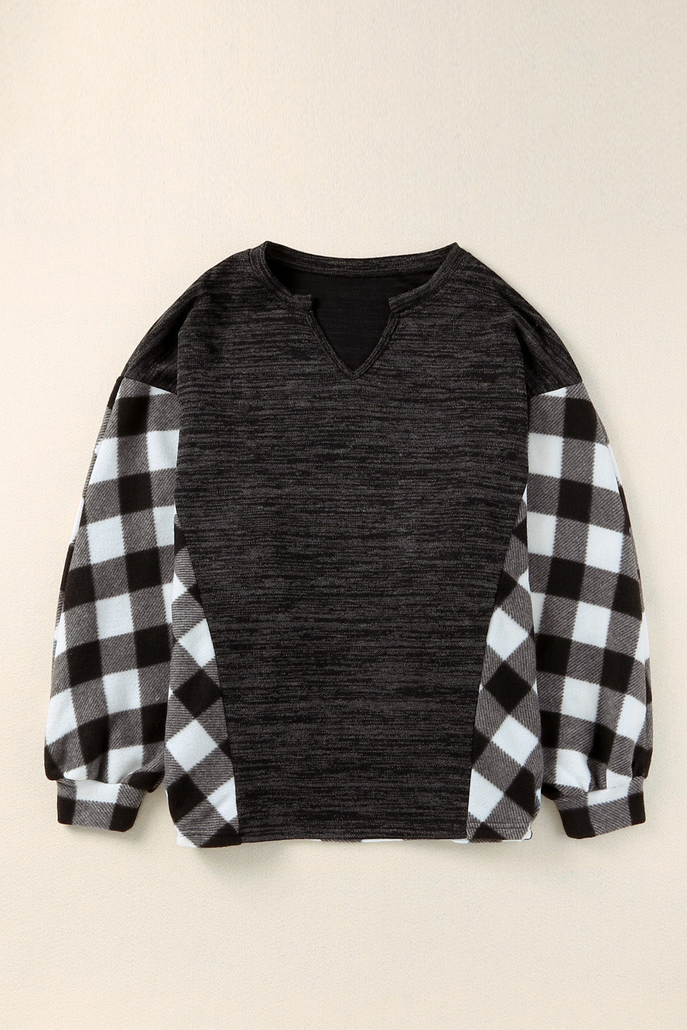 Black Buffalo Plaid Splicing Split Neck Knit Top