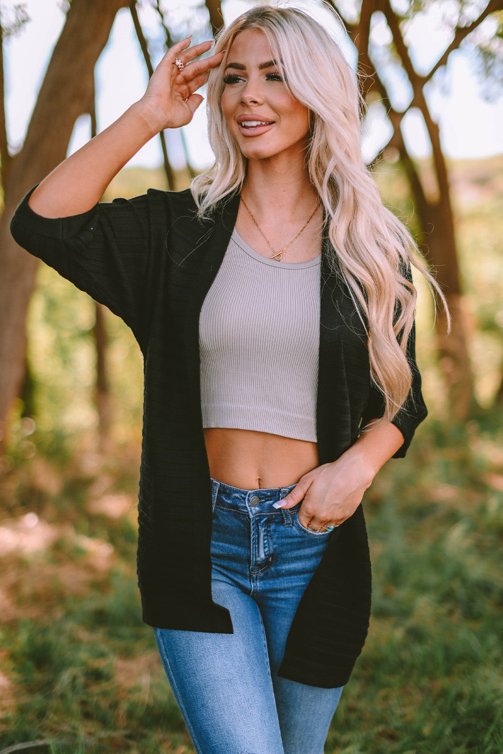 Red Ribbed Open Front Knit Cardigan