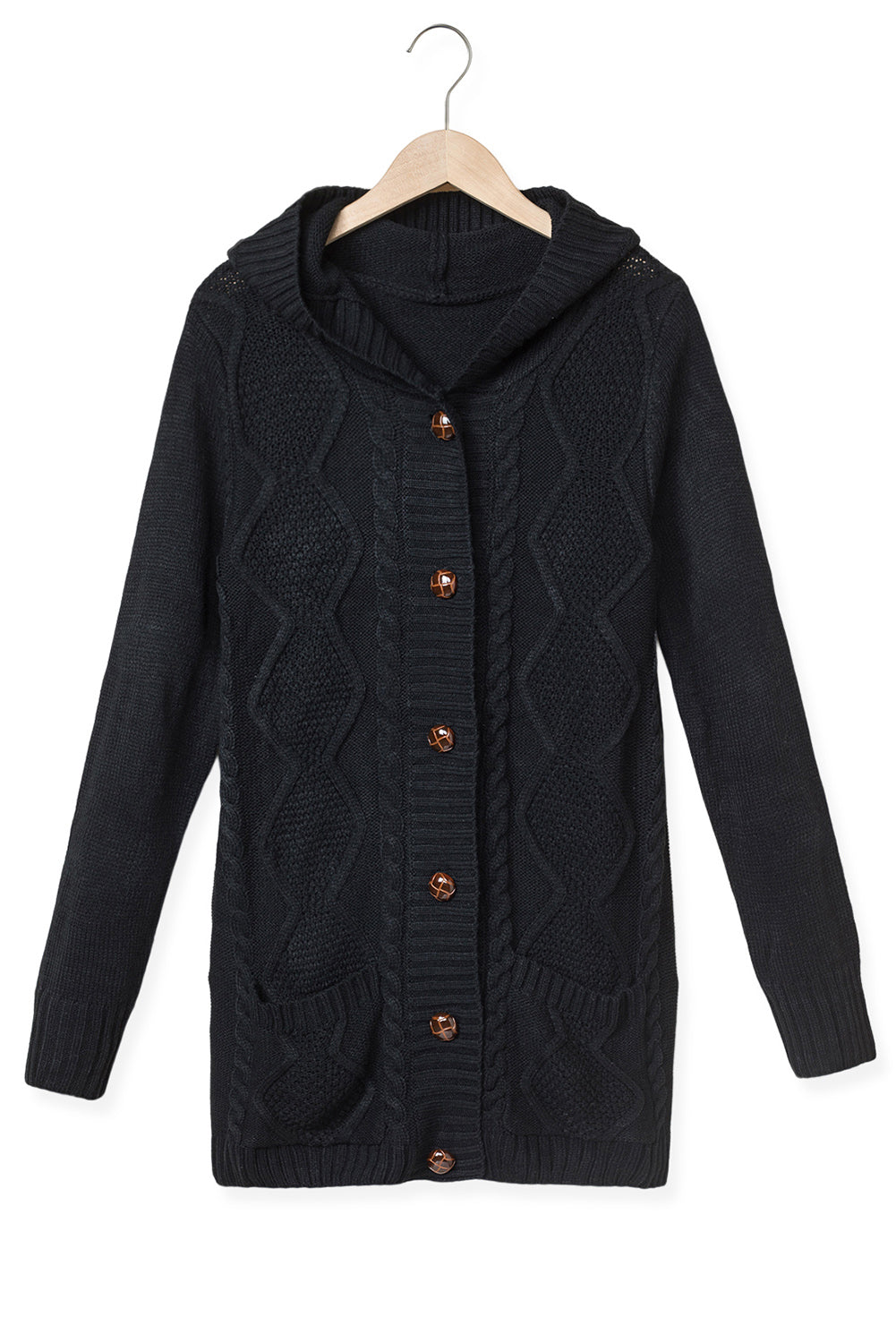 Black Twist Pattern Knit Button Front Hooded Cardigan