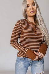 Brown Thumbhole Sleeve Striped Henley Top