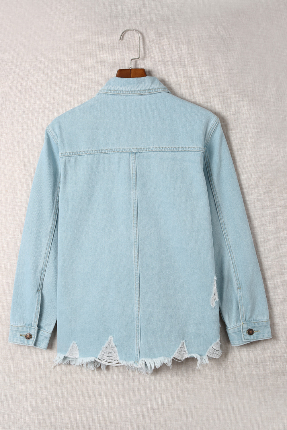 Sky Blue Light Wash Pocketed Distressed Denim Jackets