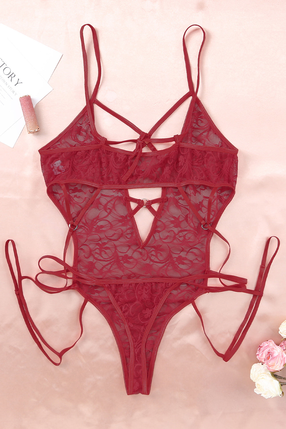 Red Plus Size Strappy Grommet Detail Sheer Mesh Teddy Lingerie