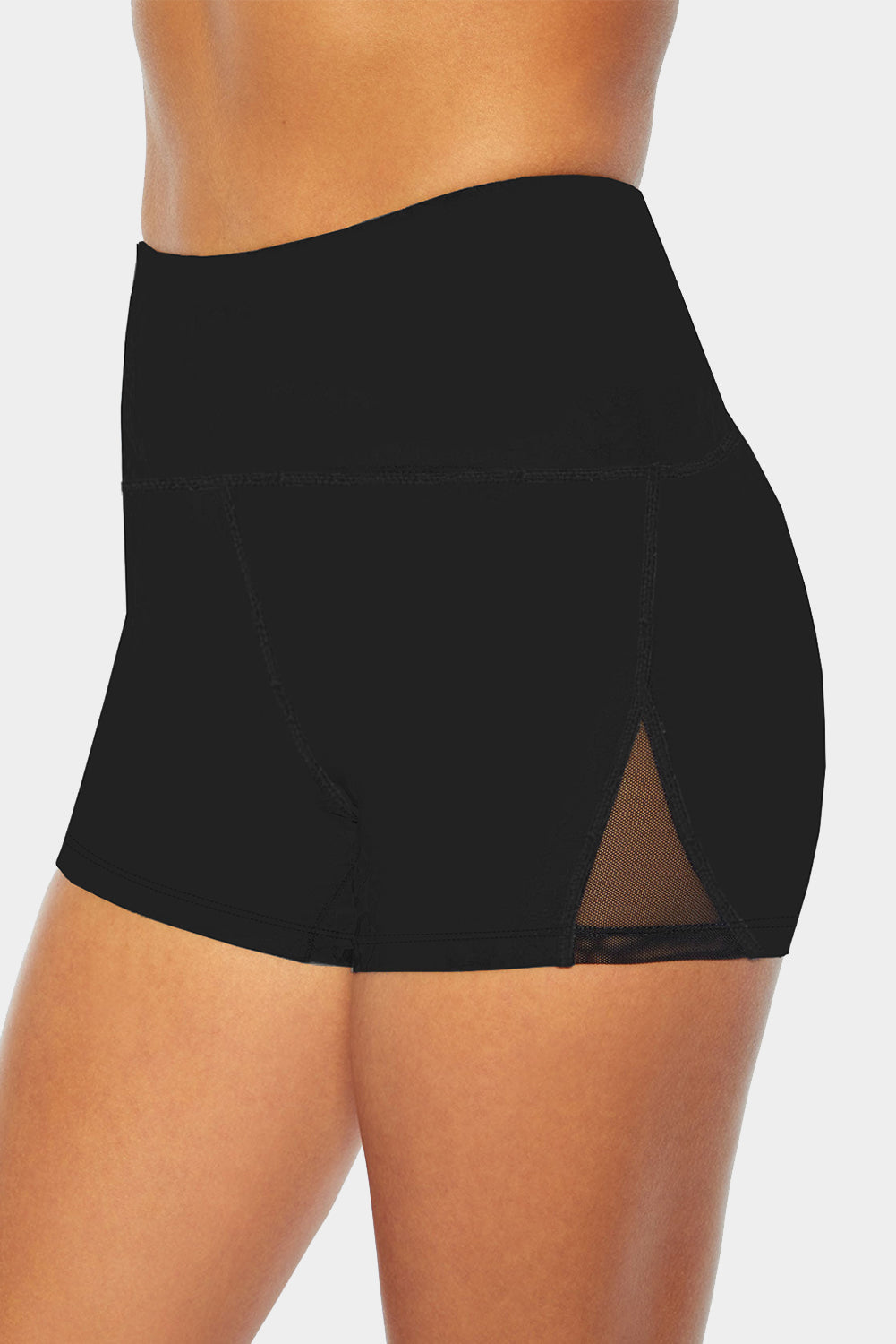 Black Mesh Cutout Patchwork Swim Shorts