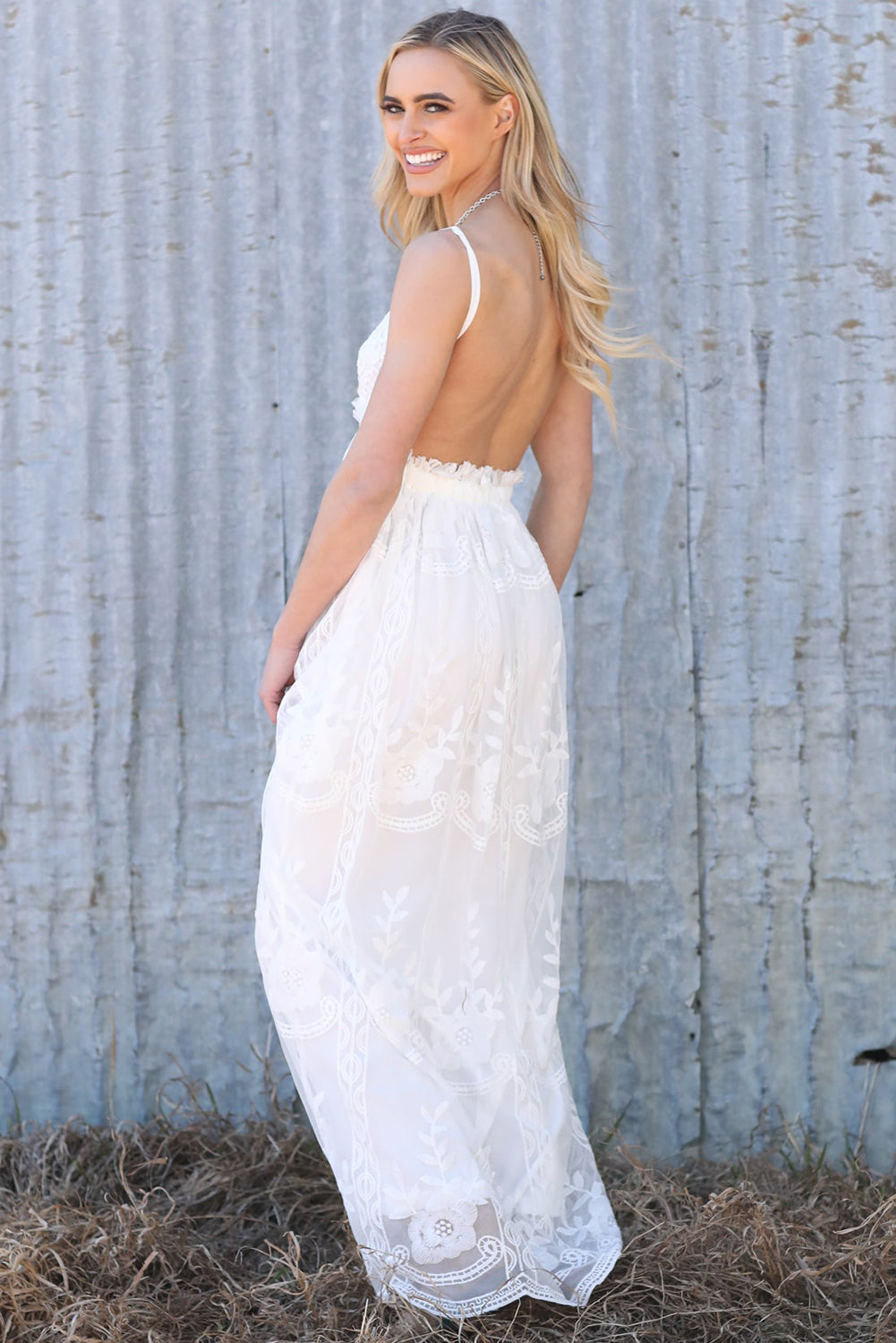 White Contrast Lace Backless Spaghetti Strap Maxi Dress