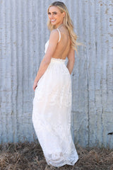White Contrast Lace Backless Spaghetti Strap Maxi Dress