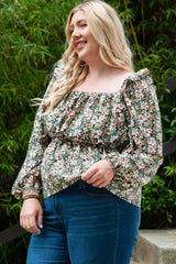 Green Square Neck Floral Plus Size Peplum Top