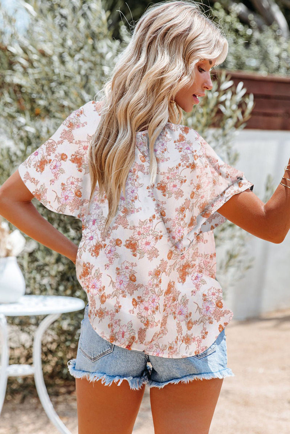 White Floral Print Drape V Neck Short Sleeve Blouse