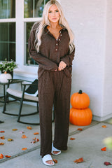 Brown Ribbed Knit Collared Henley Top and Pants Lounge Outfit