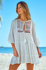 White Crochet Lace Panel Tie V Neck Beach Cover-up