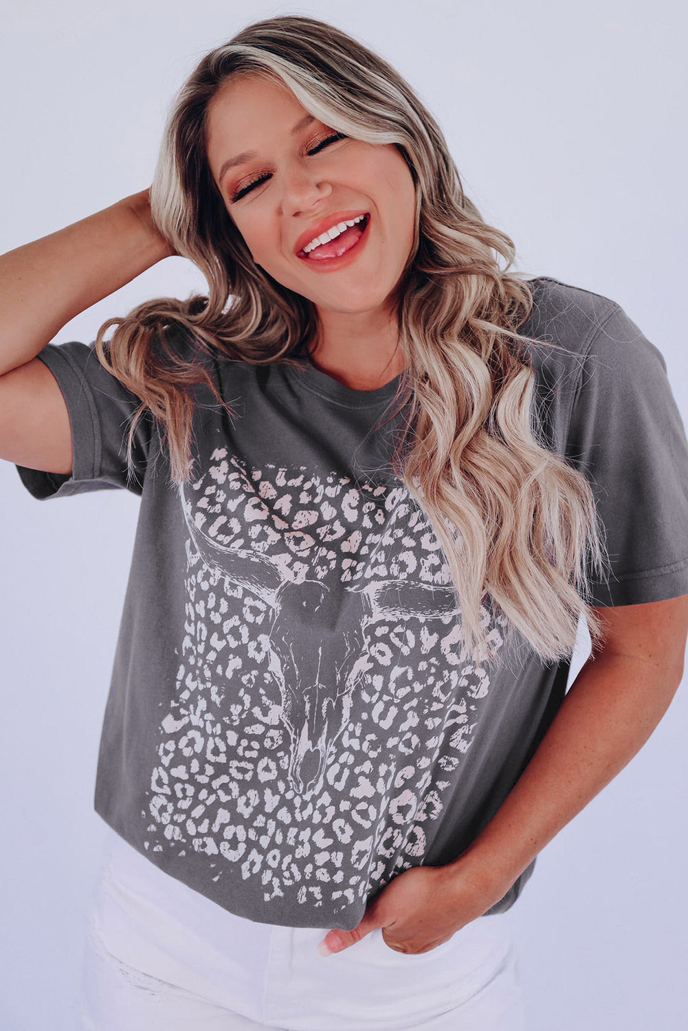 Gray Leopard Bull Skull Graphic Tee