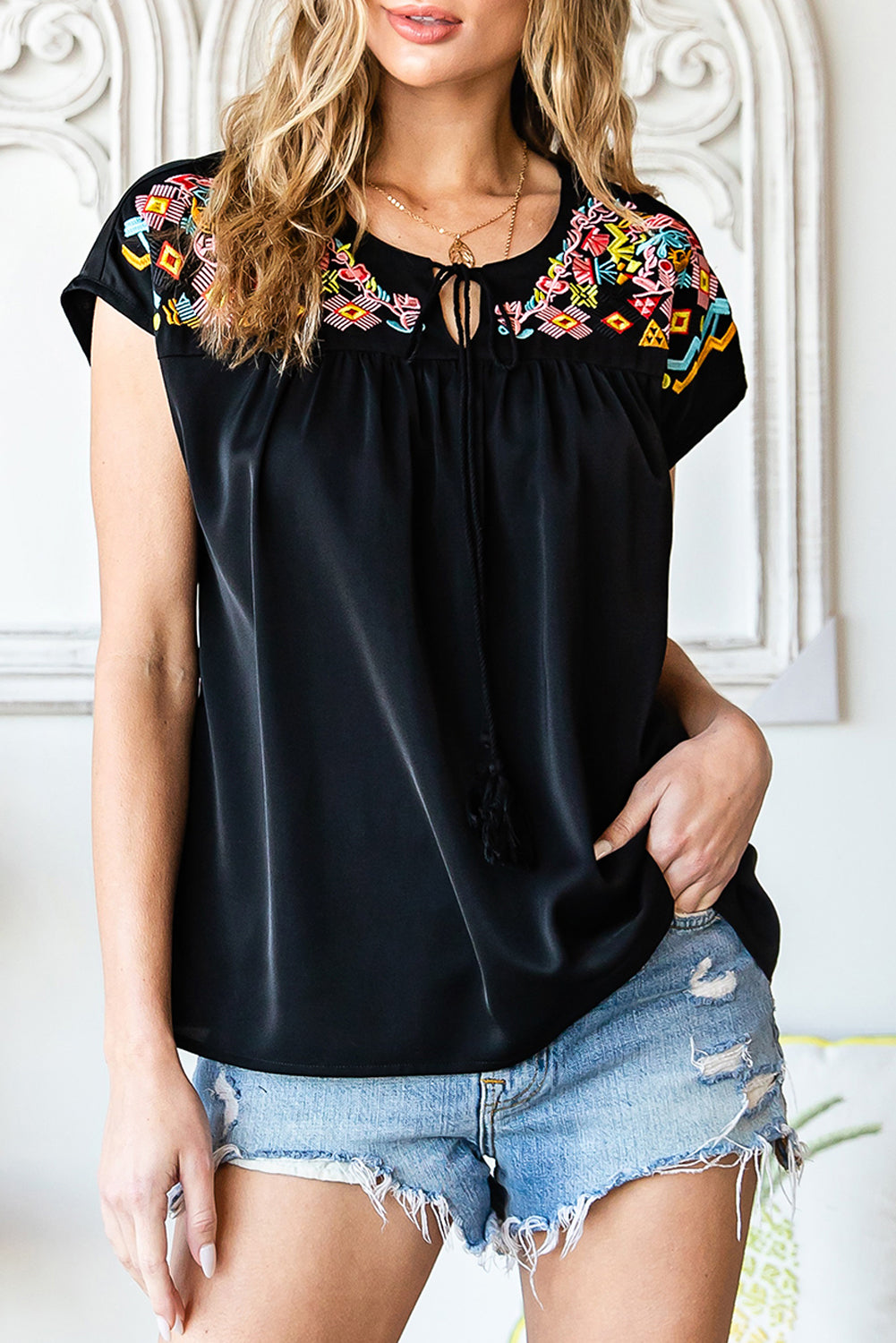 Black Geometric Floret Embroidered Short Sleeve Blouse