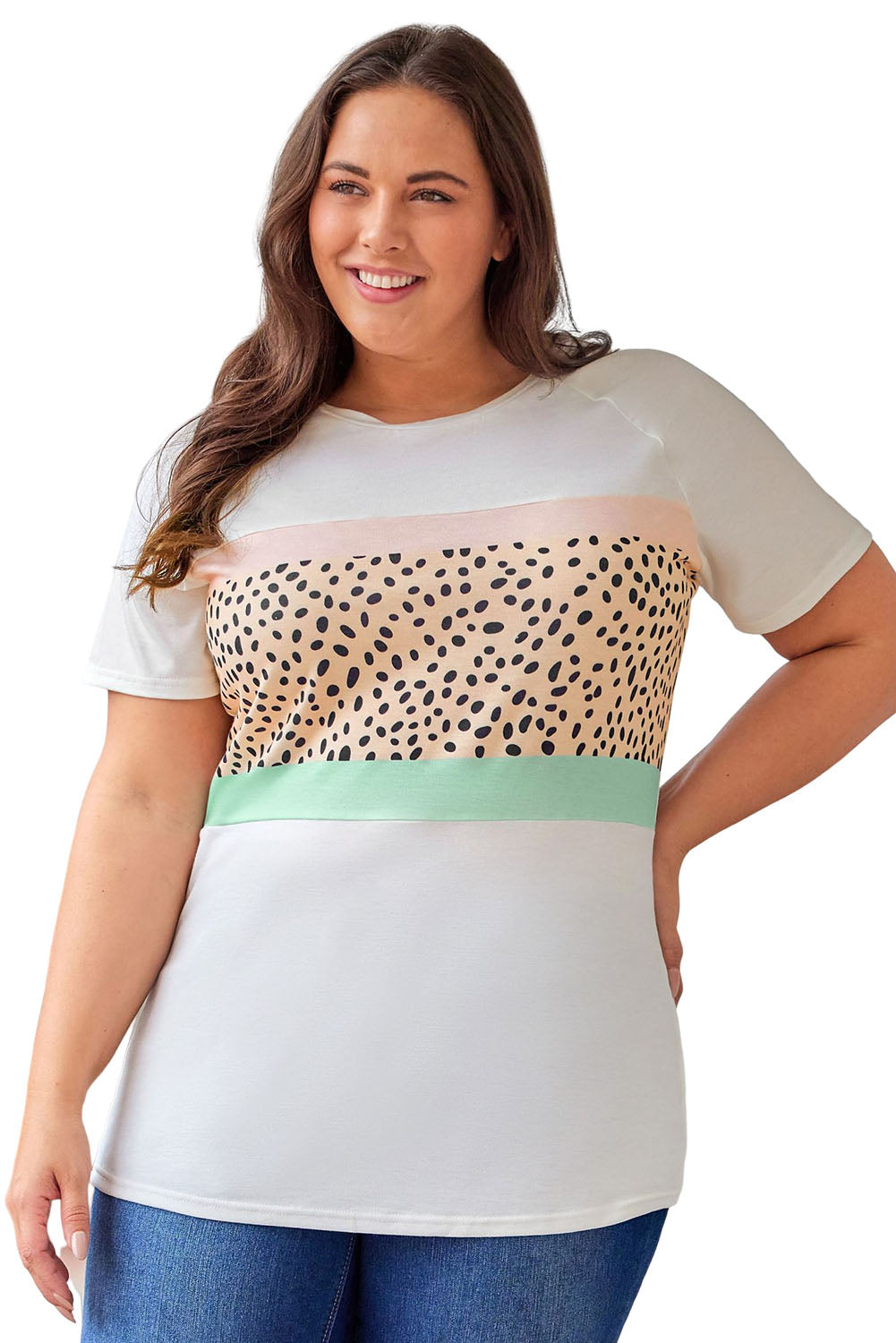 White Leopard Color Block Plus Size T Shirt