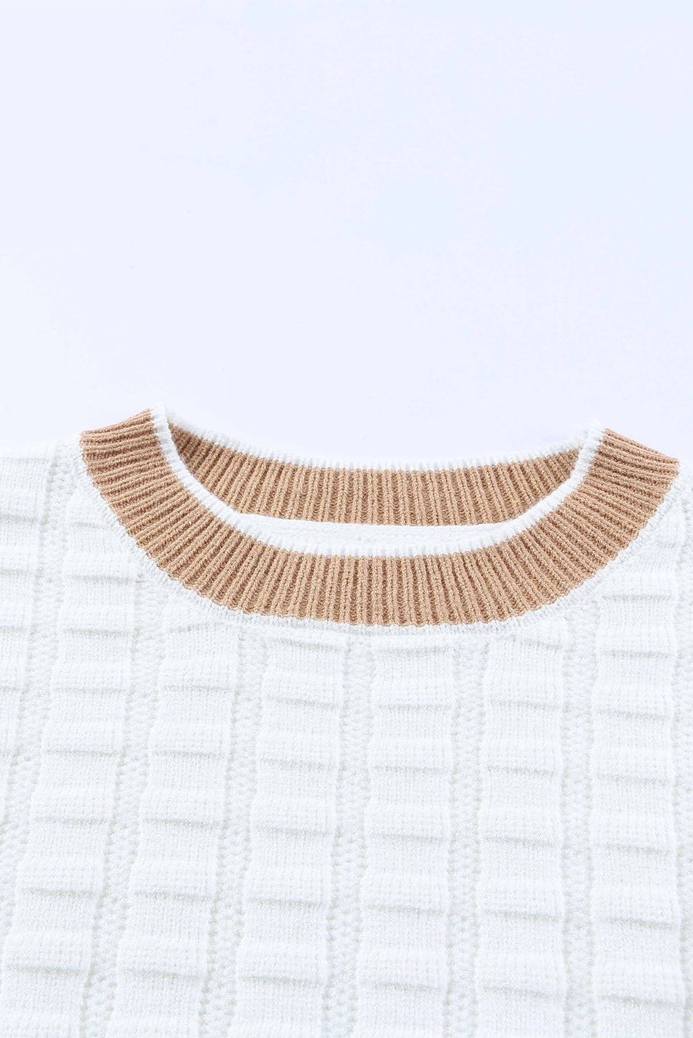White Textured Knit Contrast Long Sleeve Sweater