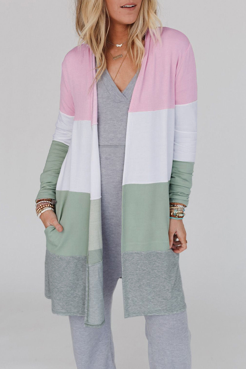 Pink Plus Size Colorblock Open Front Cardigan