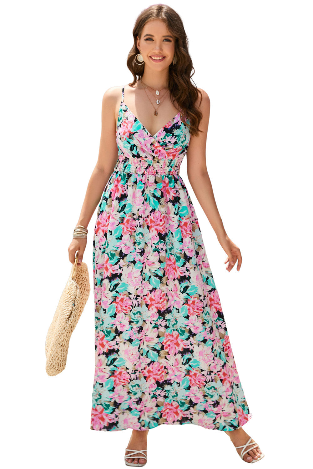 Green Sling V-Neck Elastic Waist Floral Maxi Dress