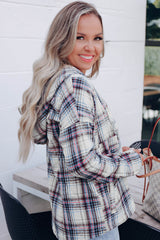 White Plaid Button Neck Pocketed Pullover Hoodie