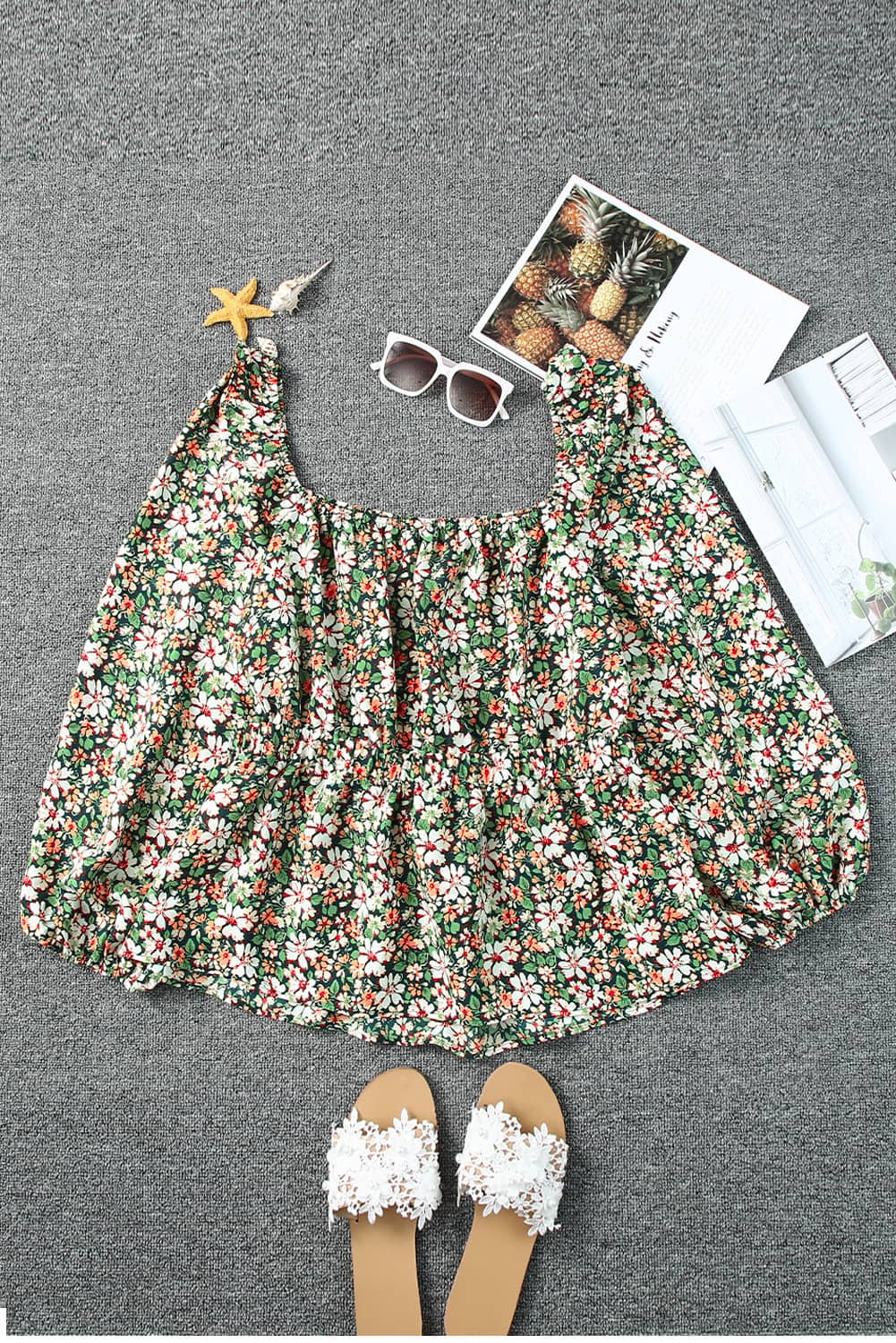 Green Square Neck Floral Plus Size Peplum Top