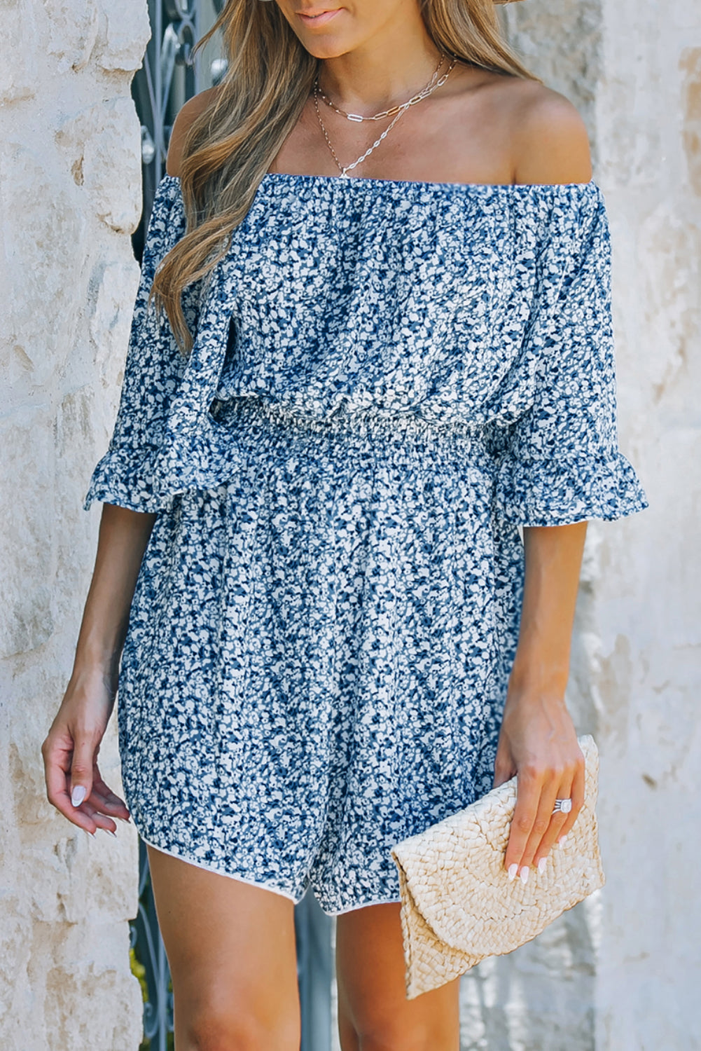 Blue Off Shoulder Bell Sleeves Floral Romper