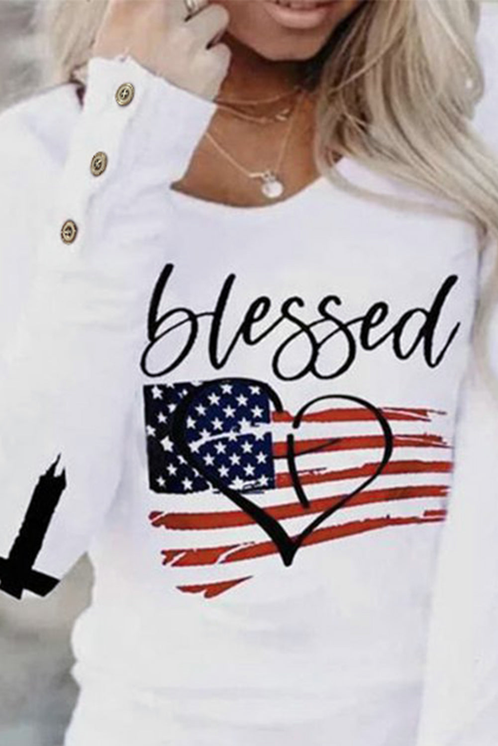 White Blessed American Flag Buttoned Long Sleeve T Shirt