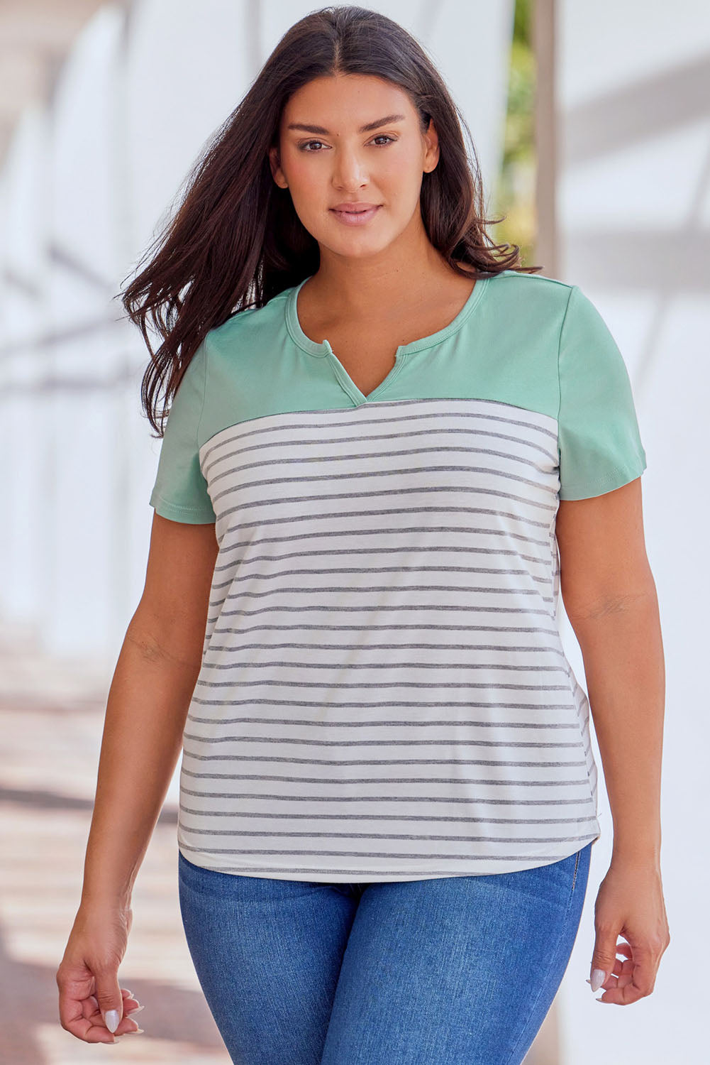 Green Contrast Striped Plus Size Short Sleeve Tee