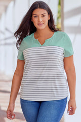 Green Contrast Striped Plus Size Short Sleeve Tee