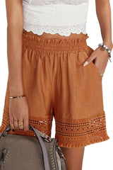 Brown Smocked Waist Crochet Hem Casual Loose Shorts