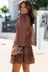 Brown Frill Smocked Detail Sheer Long Sleeve Dress