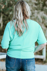 Green Plus Size Ruched Rib Drawstring V Neck Top