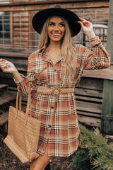 Orange Plaid Button up Side Slit Shirt Dress