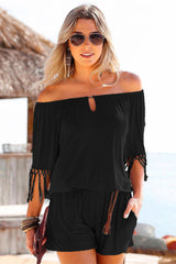 Black Off-Shoulder Fringed Sleeve Pocketed Romper