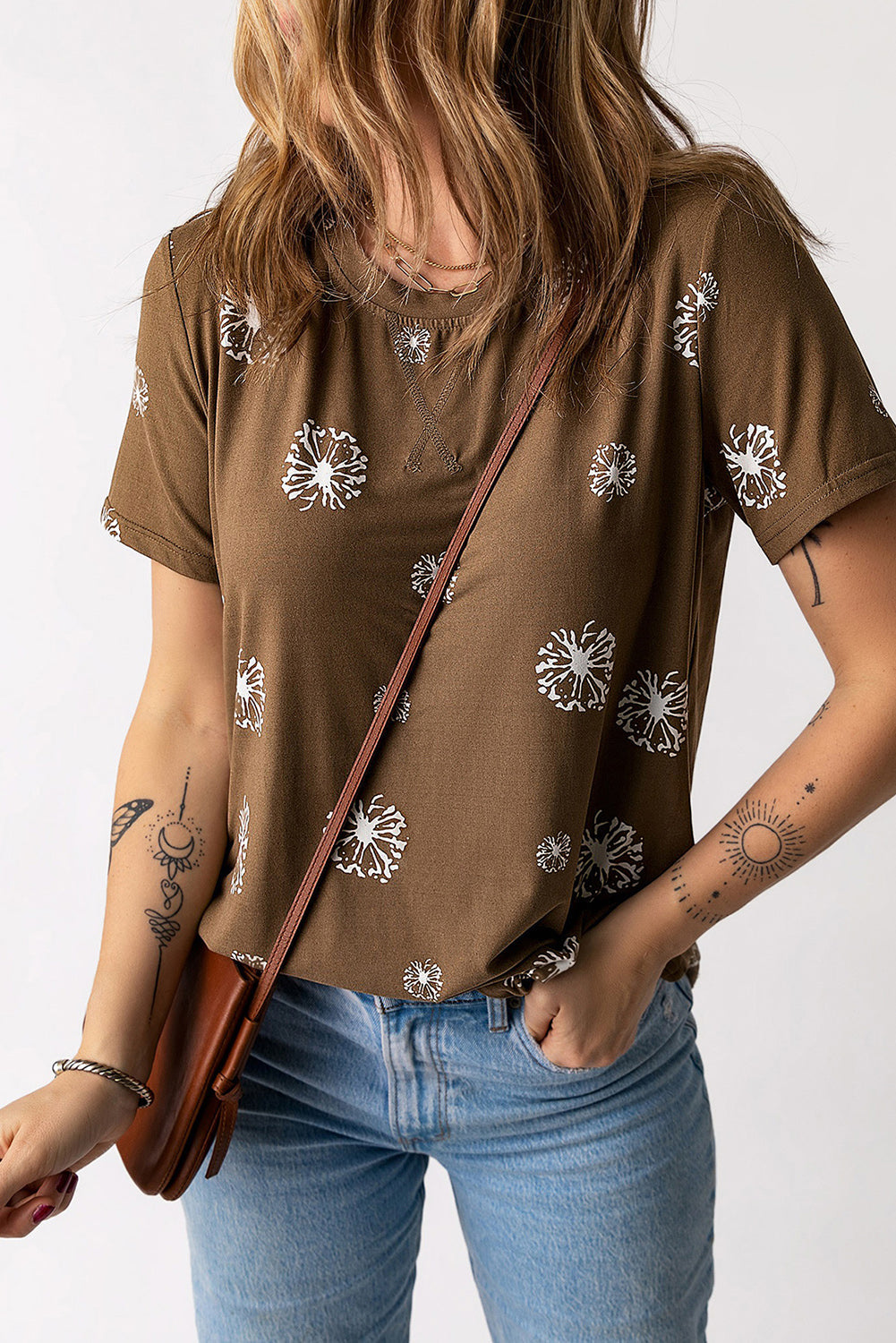 Brown Dandelion Print Crew Neck T-shirt