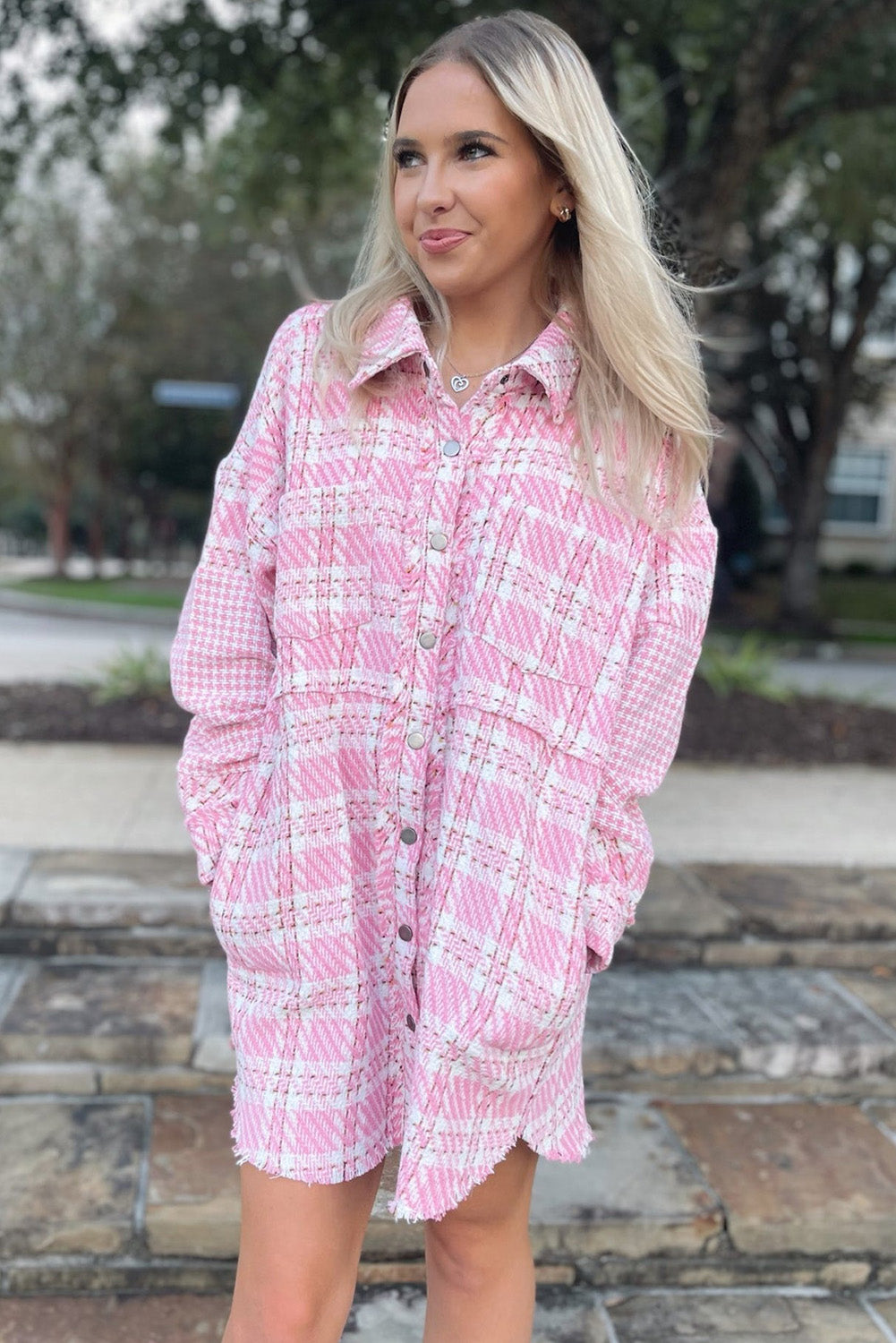 Pink Houndstooth Splicing Oversized Tweed Shacket