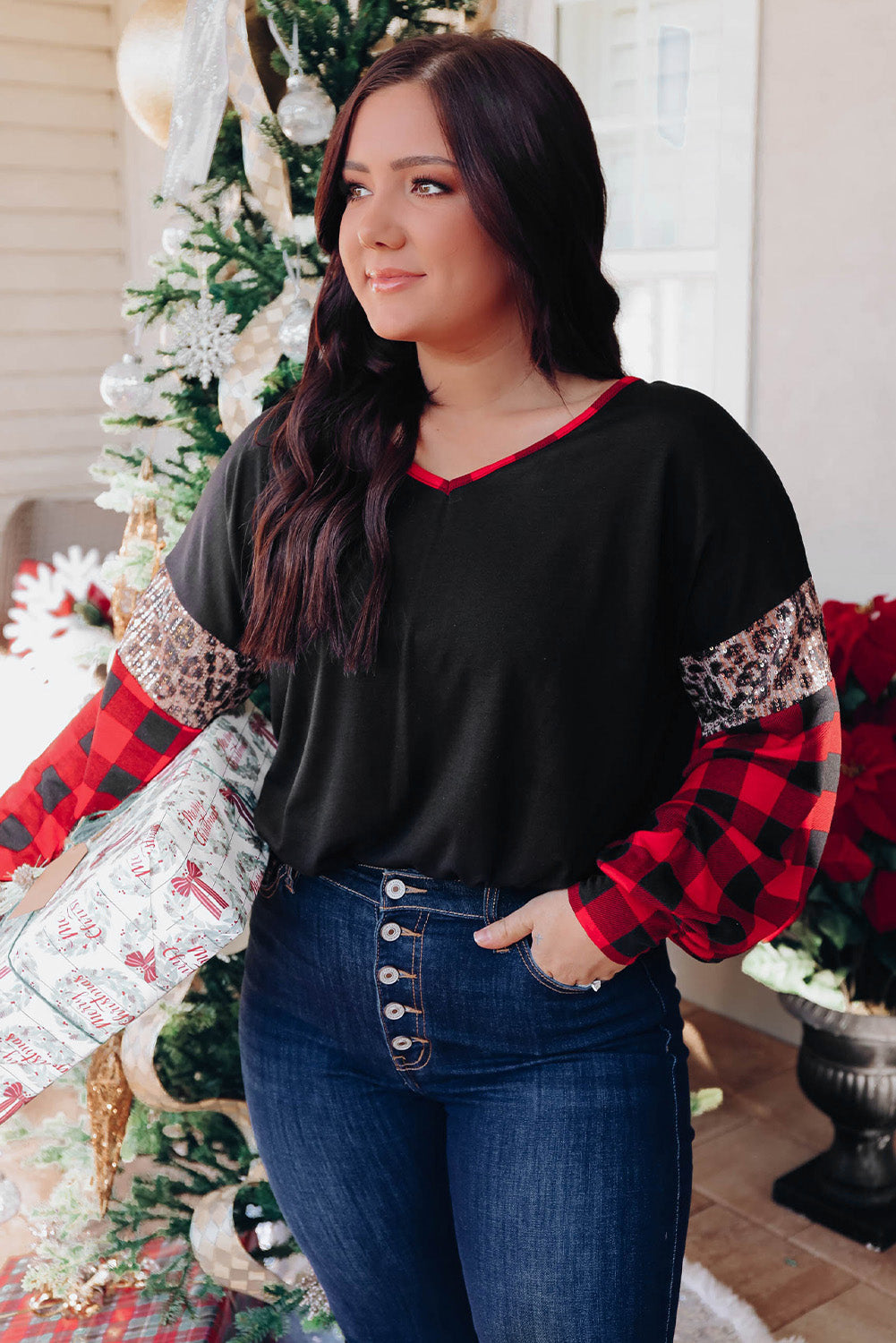 Black Sequined Leopard Insert Plaid Sleeve Plus Size Top