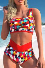 Red 2pcs Geometric Print Notch High Waisted Bikini