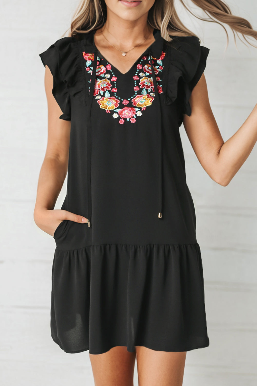 Black Floral Embroidered Ruffle Sleeve Shift Dress