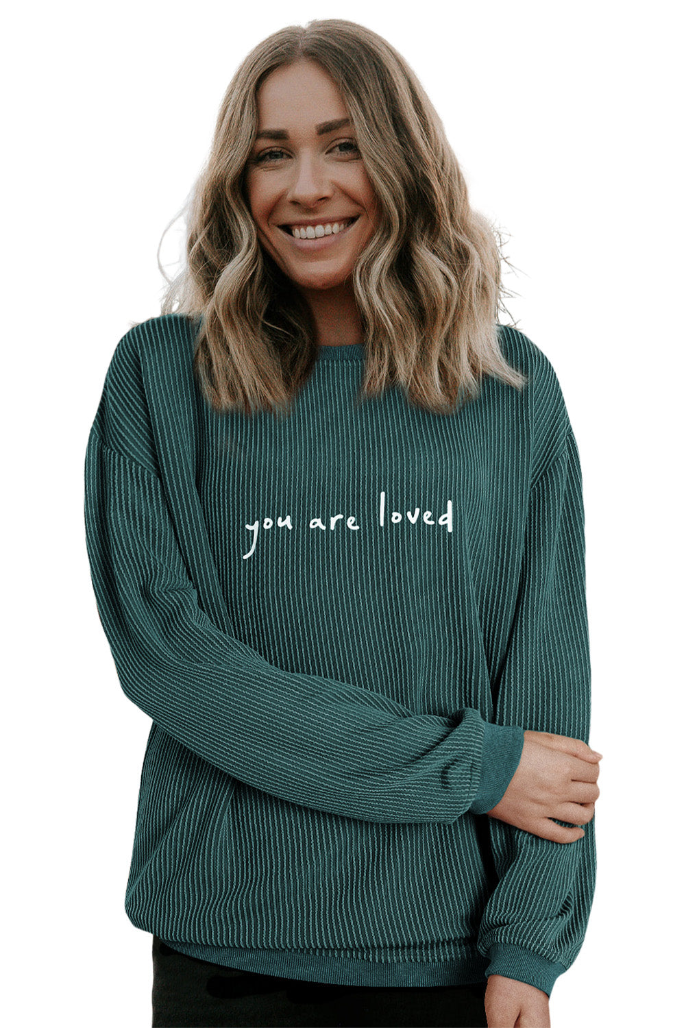 Khaki You Are Loved Print Corduroy Sweatshirt