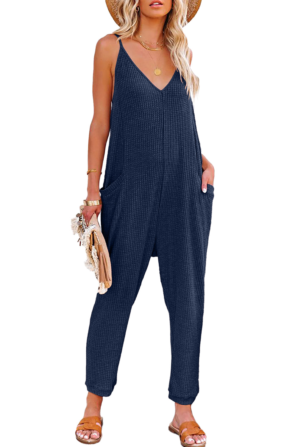 Gray Textured Sleeveless V-Neck Pocketed Casual Jumpsuit