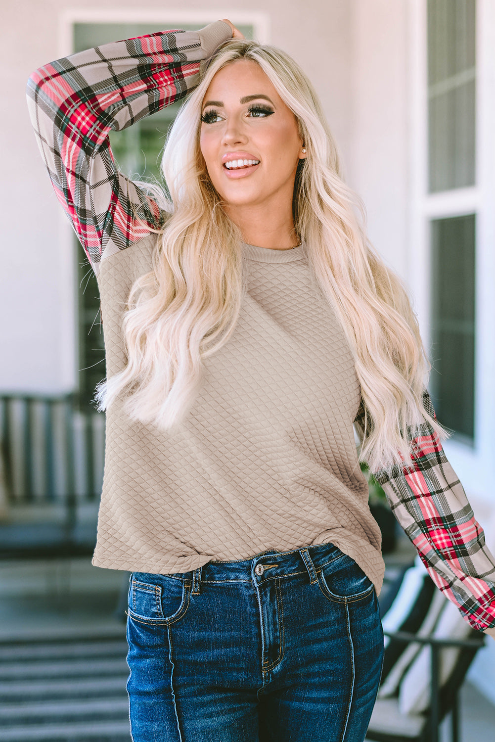 Brown Plaid Raglan Sleeve Sweatshirt