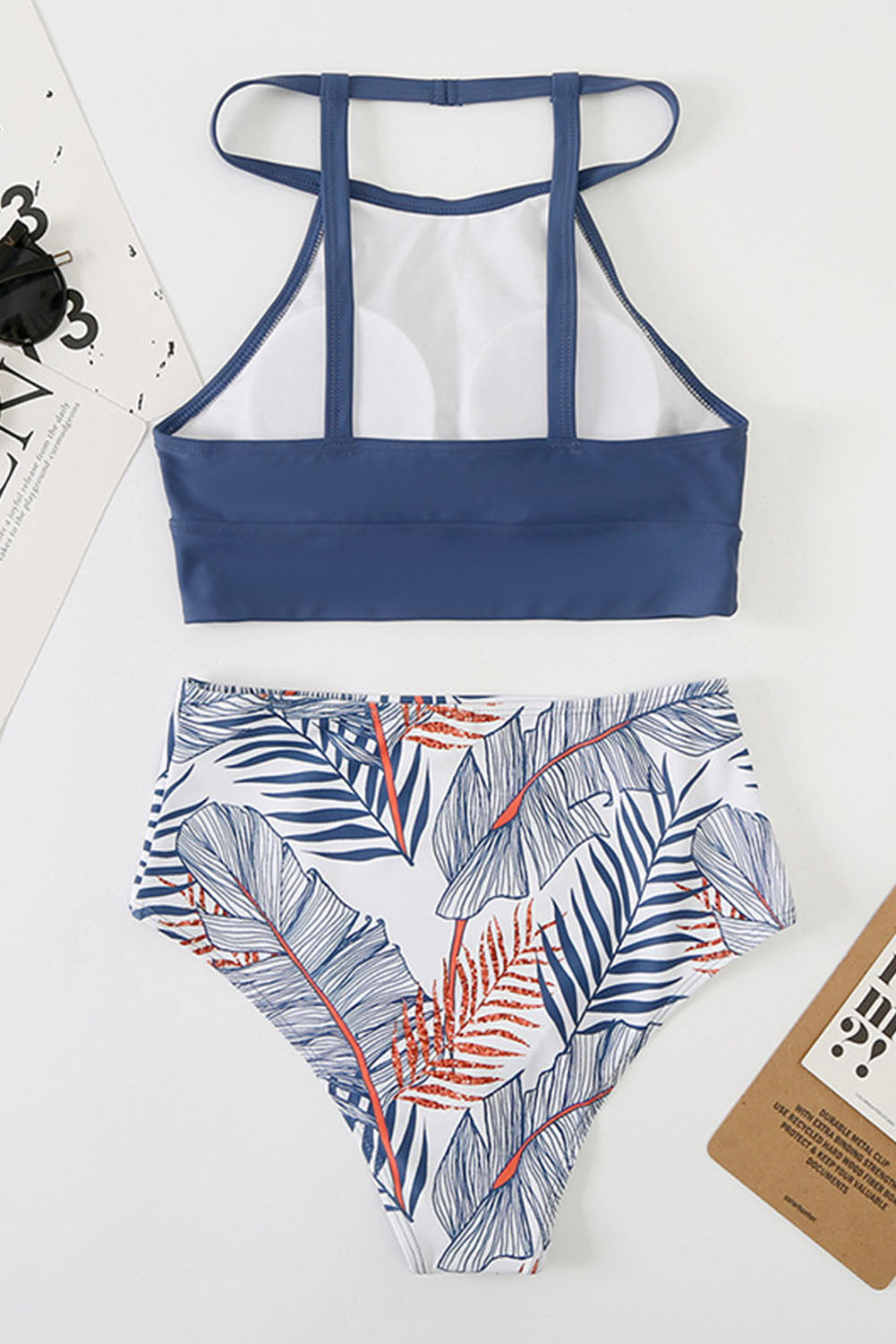 Blue Solid Strappy Halter Bikini Printed High Waist Swimsuit