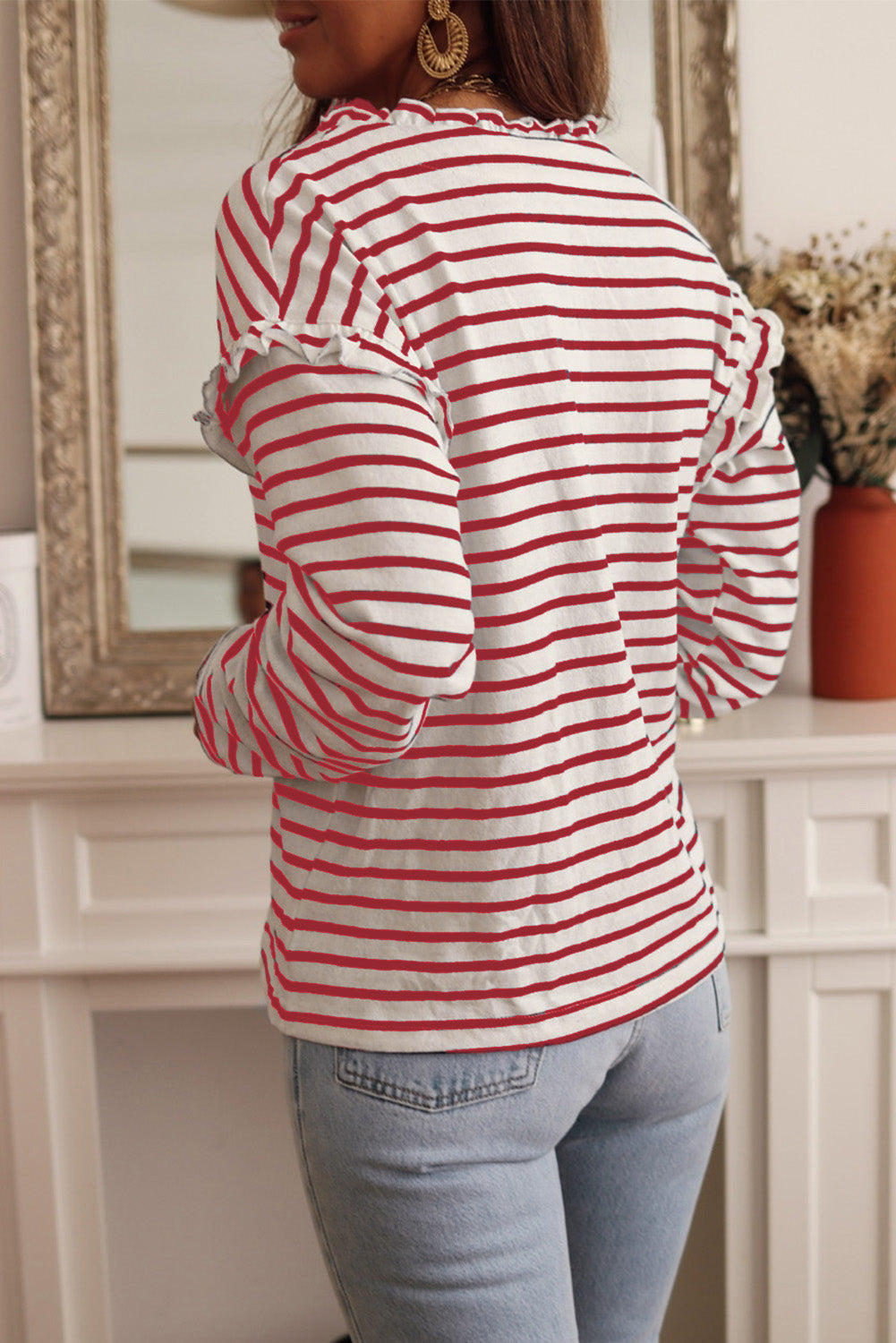 Black Striped Print Ruffled Buttoned Long Sleeve Top