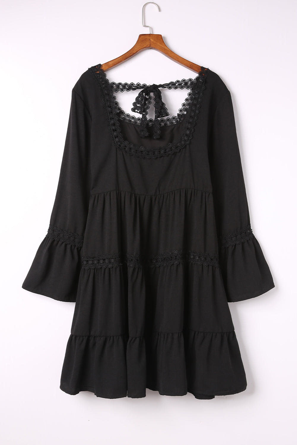 Black Lace Trim Tie Back Plus Size Tiered Swing Dress