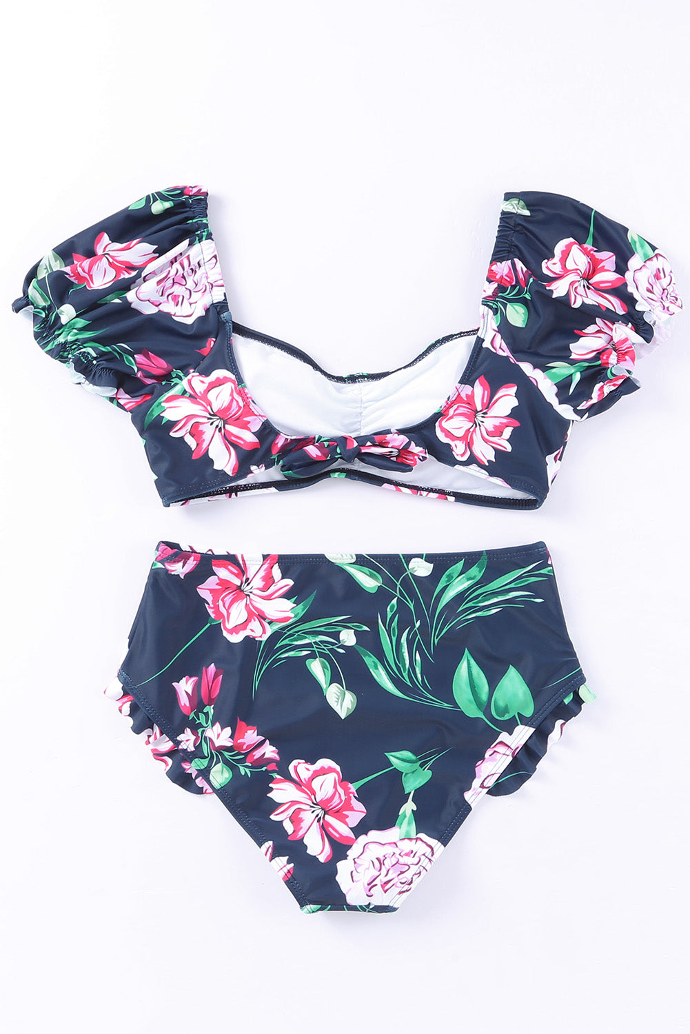 Blue Orchid Printed Bubble Sleeve Bikini 2pcs Swimsuit