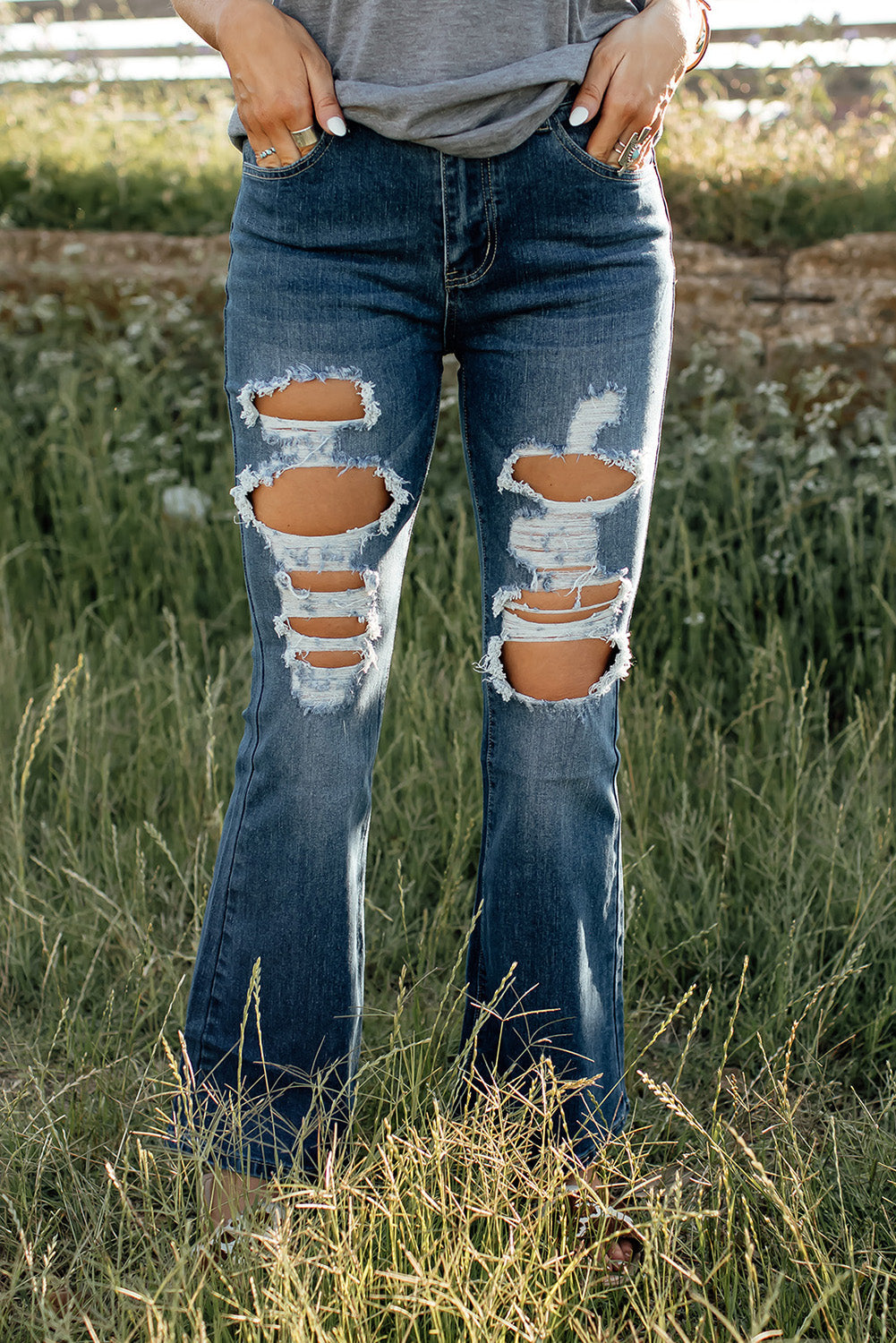 Blue High Waist Distressed Bell Jeans