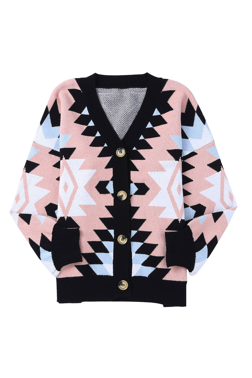 Pink Oversized Aztec Buttons Front Cardigan