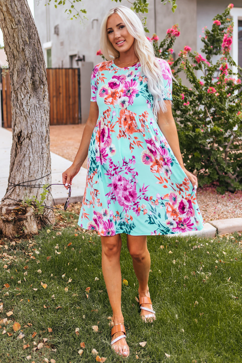 Sky Blue Short Sleeve High Waist Floral T-shirt Dress