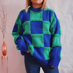 Autumn Winter Casual Chessboard Plaid Knitted Pullover Color Matching round Neck Long Sleeve Sweater Women