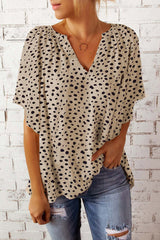 Leopard Notch V Neck Wide Sleeve Blouse