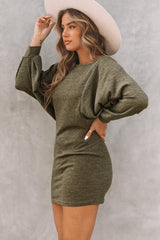 Green Batwing Sleeves Ribbed Knit Sweater Dress