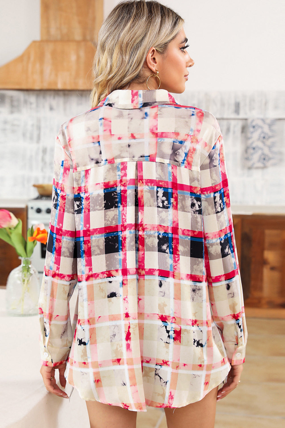 Red  Checkered Abstract Print Buttoned Long Sleeve Shirt