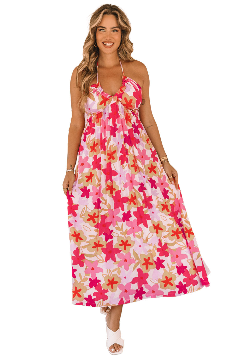Red Halter Neck Backless Floral Print Maxi Dress with Ties